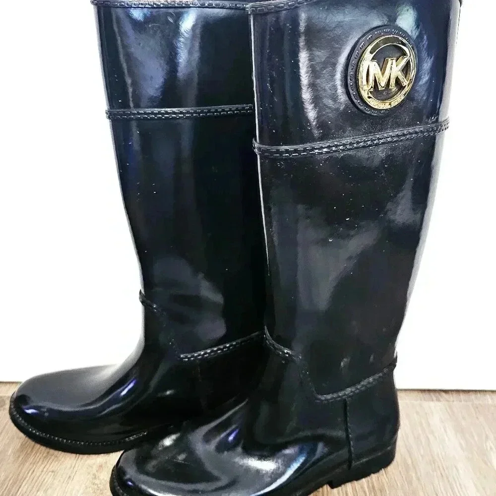Michael Kors Fulton Black Rubber Knee High Rain Boots Gold Logo Medallion 8 - Picture 2 of 6